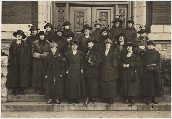 Home Demonstration Agents and Leaders.  1. Mrs. Geo. Hatton, 2. Miss Lulie Logan, 3. Miss Mary Sweeny, 4. Miss Gertrude McCheyne, 5. Mrs. Frances Y. Kline, 6. Mrs. Mary S. Harbison, 7. unidentified, 8. unidentified, 9. Mrs. Beardsley, 10. Mrs. Roxie C. Perkins, 11.Jacqueline Hall, 12. unidentified, 13. Mrs. Jennie Grubbs, 14. Mrs. Octavia E. Evans, 15. Lucy Belle Settle, 16. Dora Sonnenday, 17. Maude Meguiar, 18. Elsie Brunhoff, 19. Artie Ashbrook, 20. Mrs. Margaret D. Jonas