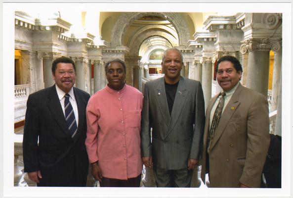 From the left:  Kentucky Representative Jesse Crenshaw; Reinette F. Jones, UK Libraries; Cecil R. Madison, Sr. of UK Libraries; and Kentucky Representative Reginald Meeks.  The photograph was taken in the Capitol