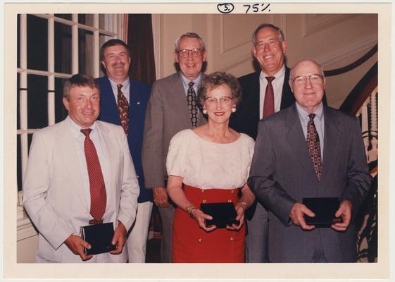 The 1995 Alumni Association Service Awards.  From the left:  Preston Art, Mike Burleson, Bernie Vonderheide, Barbara Letton, C. M. Newton, and Ed Hamilton