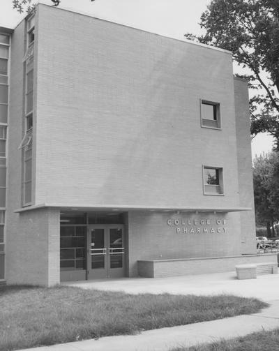 Front entrance to College of Pharmacy building at the corner of Washington Avenue and Gladstone Avenue. Received August 22, 1957 from Public Relations