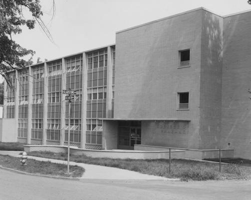 Front entrance to College of Pharmacy building at the corner of Washington Avenue and Gladstone Avenue. Received August 22, 1957 from Public Relations