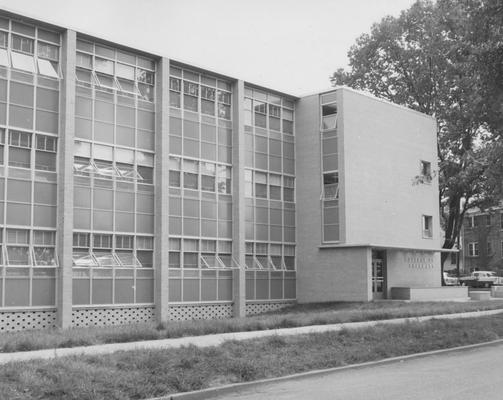 Front entrance to College of Pharmacy building at the corner of Washington Avenue and Gladstone Avenue. Received August 22, 1957 from Public Relations