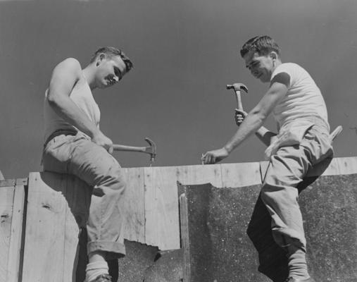 Student carpenters Redwood Taylor (left) and Paul Grumbles (right), both from Ashland, Kentucky, are helping to build Veteran housing
