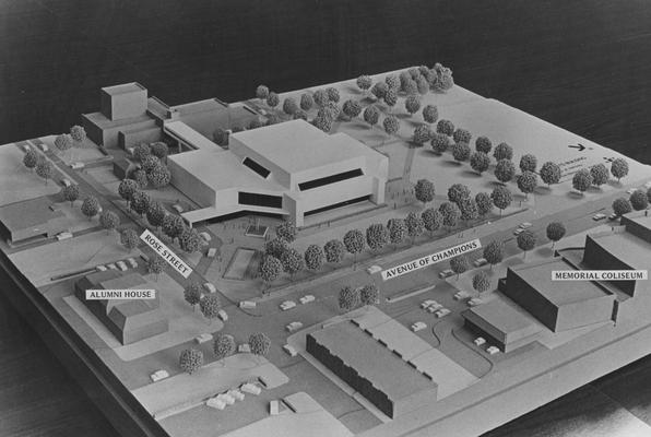 A model of the outside of the Singletary Center for the Arts