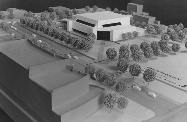 A model of the outside of the Singletary Center for the Arts