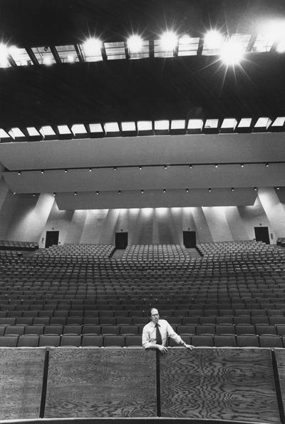 The new UK Center for the Arts has 1,500-seat concert hall. Dr. J. Robert Willis, dean of the College of Fine Arts, stands near the hall's orchestra pit