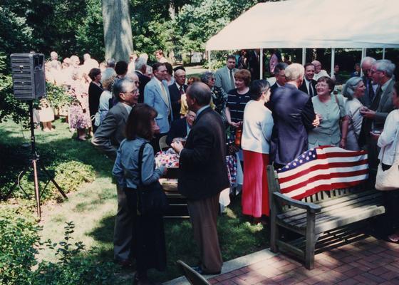 Celebration: July 11, 2002; Actual Birthday: July 14 1903. George Herring, Foster Okerman (wearing blue jacket in the back), Mary Molinaro (red skirt), John Cleaver, Jan Marshall (in light green suit), Loretta Clark, wife of Thomas D. Clark. On the far right: Lindsay Apple, Georgetown College professor