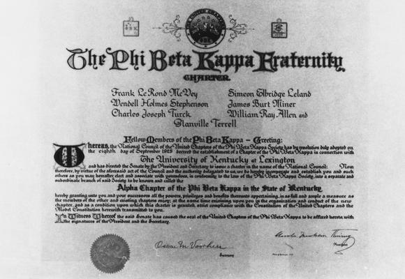 Phi Beta Kappa honorary fraternity charter