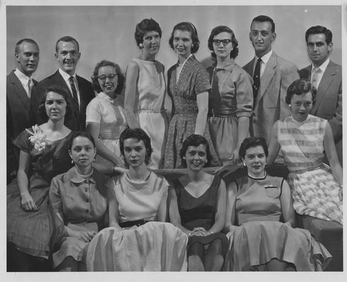 Phi Beta Kappa--seated: Gene Thomas, Suzanne Shively, Lois Cammack Hall, Mary Tippett Daniel, Marilyn Jones, Susan Ann Bachmeyer; standing: James W. Smith, Harry Lee Conley Jr., Mrs. Jeanette Hill Jennings, Ellen Flippo, Elizabeth Joan Fritz, and Arthur L. Brooks Jr