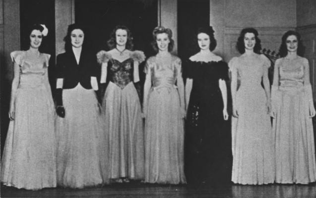 1943 Beauties: Sue Gooding (Class of 1943), Martha Jane Thompson; Joan Theiss, Julia Johnson, Betty Clardy, Anne Austin (Class of 1943), Barbara Rehm (Class of 1943); from the 1943 Kentuckian; This image was also in the 1965 May 6 Lexington Herald - Leader