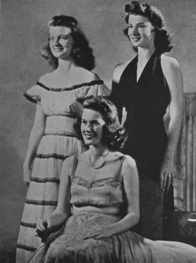 From Beauty Queens folder: Penny Shively (Mrs. Don R. Rose), Minkie Clarke (Mrs. Harry Denham), and Adalin Stern (Mrs. William W. Wichman); This image is in the 1944 Kentuckian on page 144; This image is also in the 1965 May 9 Lexington Herald - Leader; Photographer: Lexington Herald - Leader