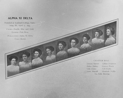 Early picture of the members of Alpha Xi Delta (Photo states that Alpha Xi Delta was founded at Lombard College, Galesburg, Illinois, 1893 April 17, official colors are double blue and gold, official flower is a pink rose; Chapter Roll: Lenora Barner, Helen Dickey, Lida Jones, Anne Simrall, Lillian Ferguson, Edwina Porch, Nell Wallis, Elizabeth Wallis, Iva Belle Boreing; Lexington Herald  - Leader staff photo