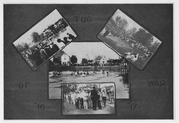 Composite of four photos of the tug of war at Clifton Pond in 1916 and 1917