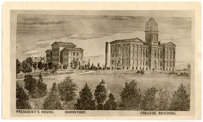 Scene of 1882 buildings on campus when Agriculture and Mechanical College moved from Woodland; First three buildings and smokestack; Left to right: President's house, White Hall Men's Dormitory, Smokestack, Administration/Main Building