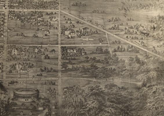 University site as it looked in a 1857 pictorial map of Lexington; Limestone is to the left, Rose Street is near the center, and the Fair Amphitheater is in the foreground; Photographer: Lafayette Studio