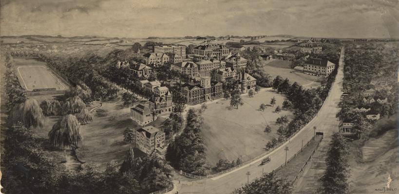 Aerial view of campus; Received 1969, December 8 from Thomas D. Boyd