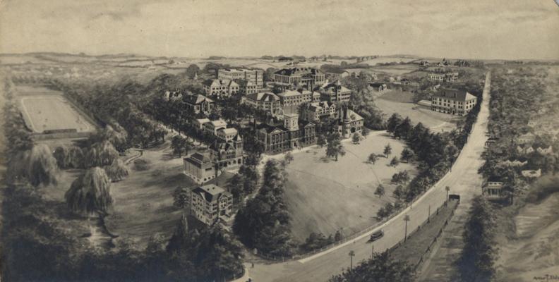 Aerial view of the State University of Kentucky campus including Old Football Field and a city trolley