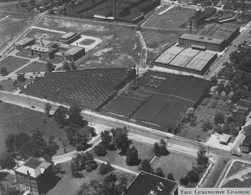 Aerial view from the President's office showing two buildings which have been used by the College of Education - Frazer Hall and William S. Taylor Building; Lexington Herald - Leader staff photo