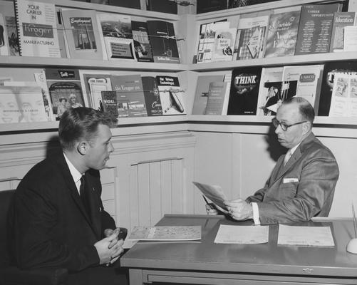 From left to right: Don Williams, a 1957 Commerce graduate; J. H. Barris, personnel manager for Shell Oil Co., Indianapolis, Indiana