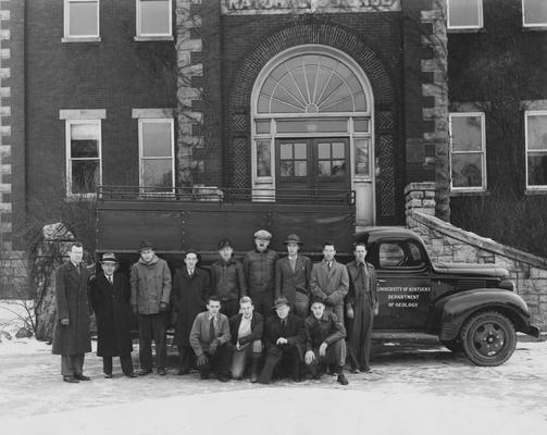 Men in front of the Natural Science building; From left to right, Row 1: Ben Ploch, E. Boyne Wood, John Walsh, Jack Blirdt; Row 2: Samuel Stith, Dan J. Jones, David Young, Everett O'Connell, Joseph Wetherill, A. C. McFarlan, A. Edwin Pettit, ? White, Arnold C. Mason; This image is in the 1941 Kentuckian on page 98
