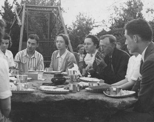 Pi Mu Epsilon Picnic; From left to right: Ragland (facing front), Eaves, Miss Mary Hester Cooper, Pence (in background), Snyder, Downing, Boyd?, Unidentified