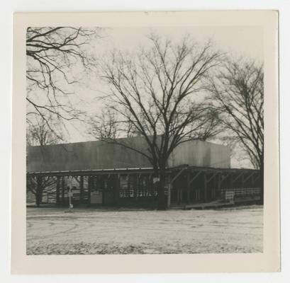 Picnic area with building, Joyland Park; back side view