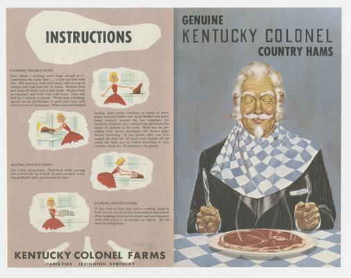 Genuine Kentucky Colonel Country Hams, man sitting down to eat a ham, Joyland Park; advertisement pamphlet