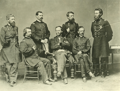 A group picture of Union Generals: Jefferson C. Davis, William. B. Hagan, Oliver O. Howard, John A. Logan, Joseph A. Mouer, William T. Sherman and Dewey W. Slocum