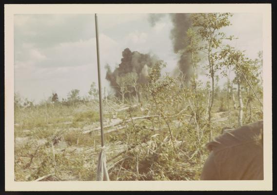 Bomb smoke and remains of jungle after the use of agent orange
