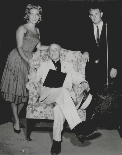 Performance by John Jacob Niles at Pioneer Playhouse; Danville, KY; Left to Right: Sandra Norvell, John Jacob Niles, and Dan Brock Jr., Charles A. Thomas