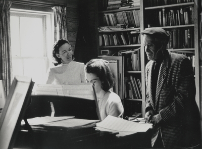 Rehearsal at Boot Hill Farm; Left to Right: Jacqueline Roberts, Janelle Pope, and John Jacob Niles; Helm Roberts