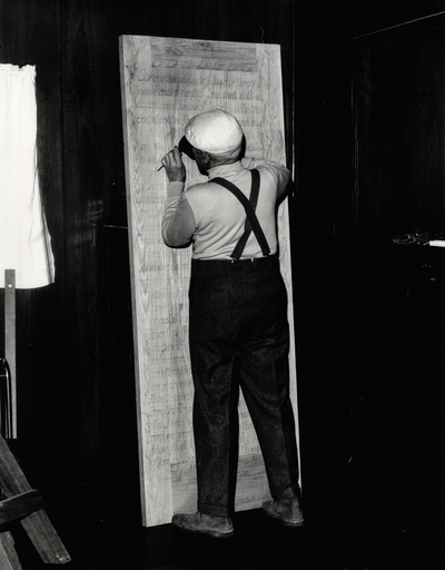 John Jacob Niles carving the doors for St. Hubert's Church; Boot Hill Farm; Jack Cobb