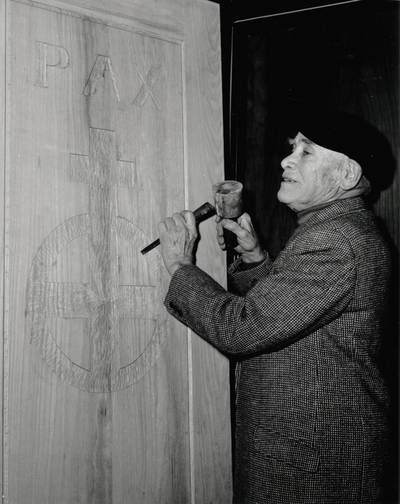 John Jacob Niles carving the doors for St. Hubert's Church; Boot Hill Farm; Jack Cobb