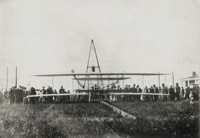 Front view of field, showing tower, aeroplane and monorail of Orville Wright's machine; Paul Thompson