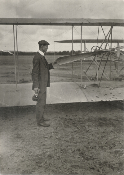 Wilbur Wright by his machine and Wilbur Wright and Zens (left) latest sensation of airship flights at LeMans, France; Paul Thompson