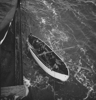 Lifeboat drill onboard ship during Niles' ocean voyage to Finland