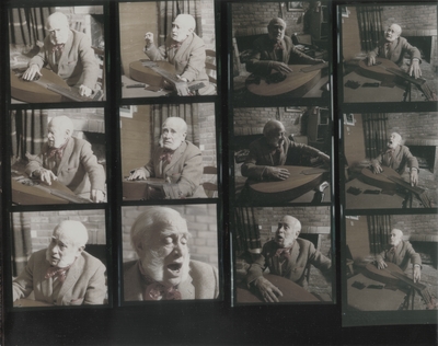 Four photo contact sheet of black and white negatives; John Jacob Niles in various poses; Boot Hill Farm