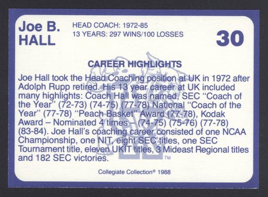 Kentucky's Finest #30: Joe B. Hall (1973-85), back