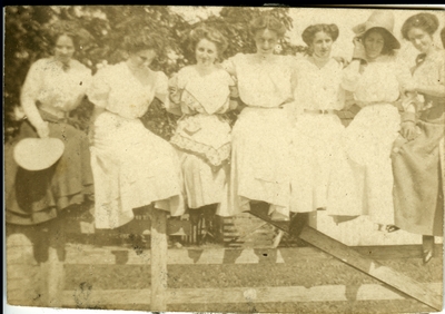 7 women sitting on a fence circa 1914