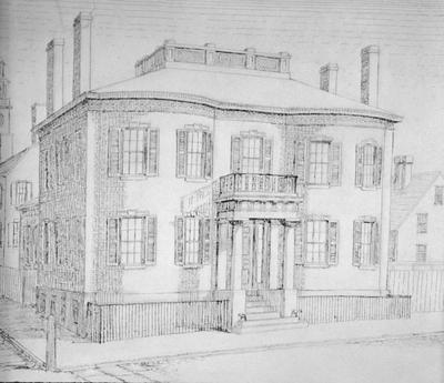 Restored Sketch of Philip M. Folger House - Note on slide: 58 - 60 Main Street. Drawing by B.Y.C.L