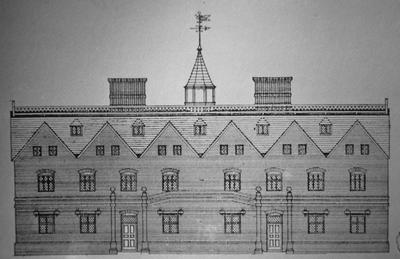 Harvard Hall - Note on slide: Restored south elevation. H.R. Shurtleft drawing