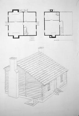 Lean-to-Log House - Note on slide: Coopers Run. Restored perspective and floor plan