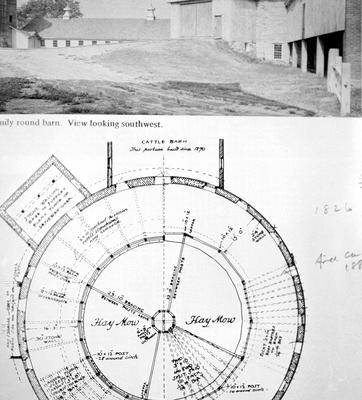 Round barn - Note on slide: Exterior view and plan. Architecture / compiled by Herbert Schiffer. West Chester, Pa., : Schiffer Pub., 1979. p. 101