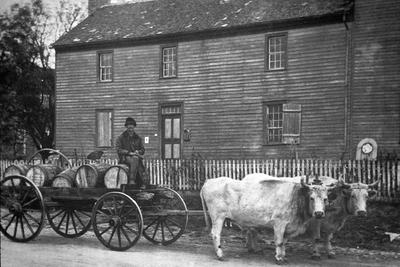 First Clapboard Structure, Log - Note on slide: Exterior view of building and cart with oxen. The Simple Spirit. Thomas, Samuel W. [Harrodsburg, Ky.] Pleasant Hill Press, 1973. p. 21