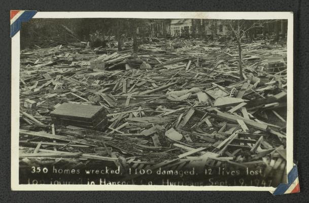 Damage and debris after a hurricane, 350 homes wrecked, 1100 damaged, 12 lives lost, 100 injured in Hancock Co. hurricane