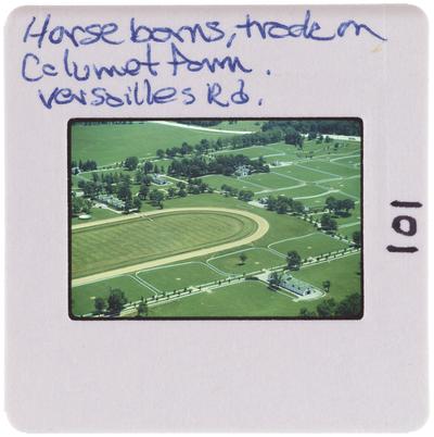 Horse barns, track on Calumet Farm, Versailles Road