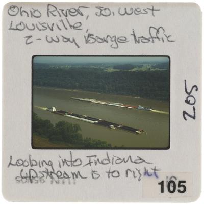 Ohio River, southwest Louisville z-way Barge traffic. Looking into Indiana, upstream is to right