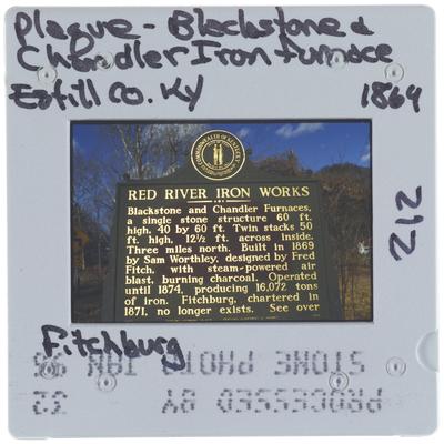 Plaque - Blackstone and Chandler Iron furnace, Estill County, Kentucky 1869 Fitchburg