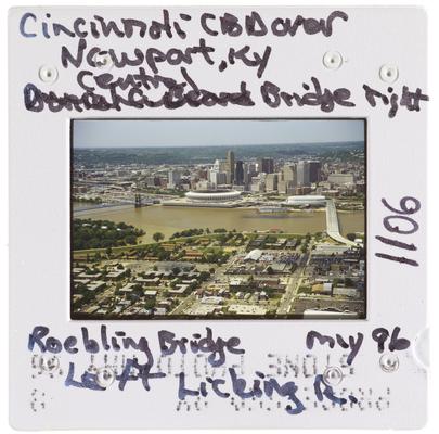 Cincinnati CBD over Newport, Kentucky Central Bridge right Roebling Bridge - Licking River Mouth