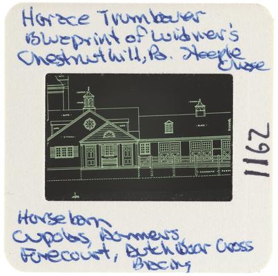 Horace Thumbauer blueprint of Wideners Chestnut Hill, Pennsylvania, Steeple Chase Horse Barn - cupolas, dormers, forecourt, Dutch door cross bracing